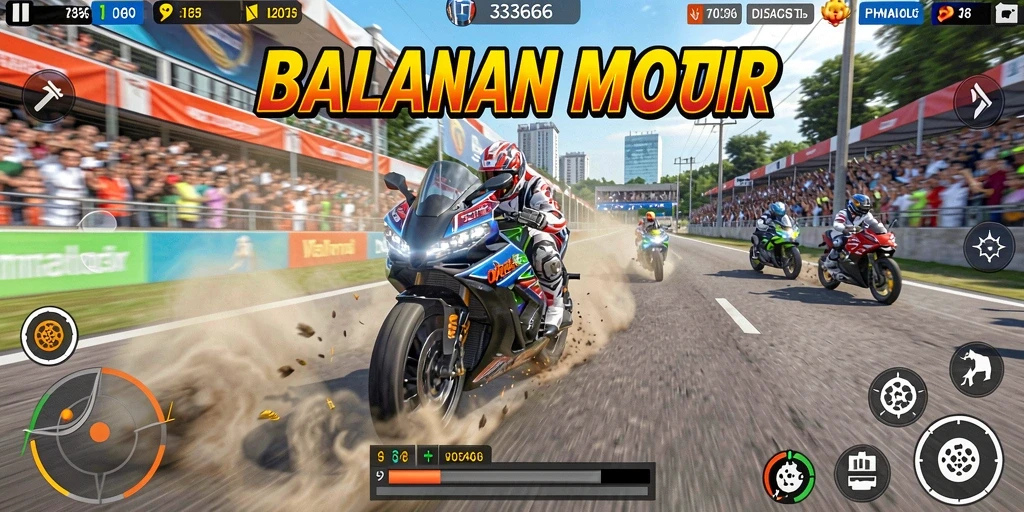 Screenshot gameplay 333666 menampilkan aksi balapan motor yang mendebarkan.