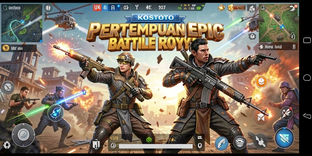 Tangkapan layar gameplay KOSTOTO menampilkan pertempuran intens Battle Royale.