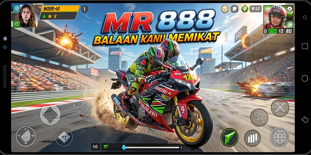 Tangkapan layar gameplay MR888 yang menampilkan balapan motor yang mendebarkan.